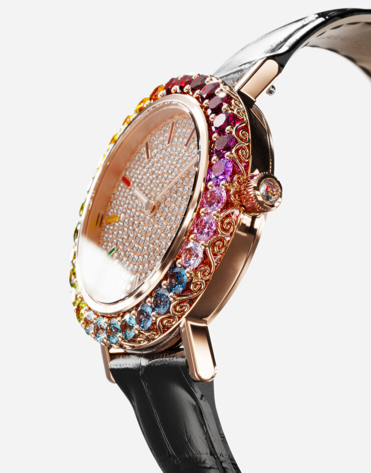Dolce & Gabbana Reloj Iris en oro rosa con gemas multicolor y diamantes Negro WWLB2GXA0XA