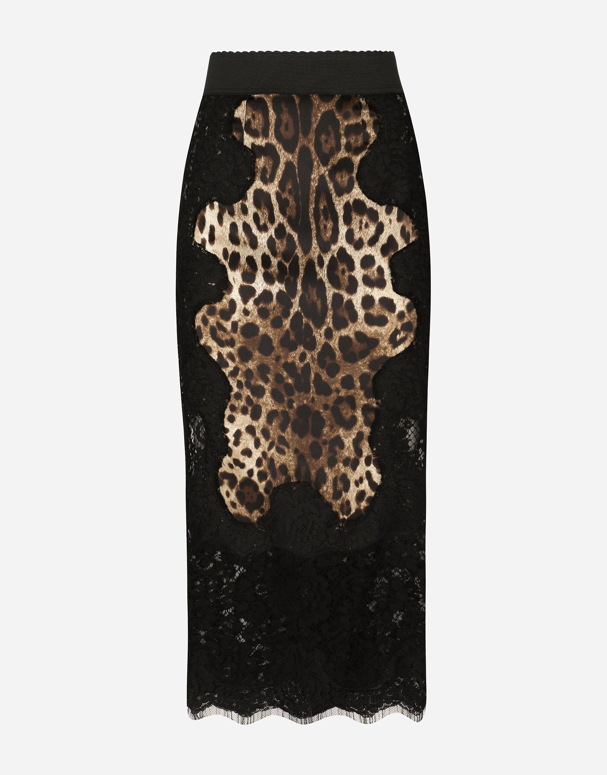 Dolce & Gabbana Falda midi en raso con estampado de leopardo y aplicaciones de encaje Negro BB6003A1001
