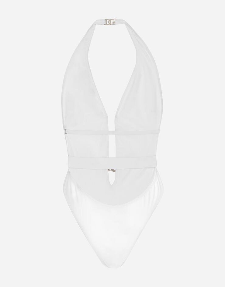 Dolce & Gabbana One-piece swimsuit with plunging neck and belt White O9B74JONO12