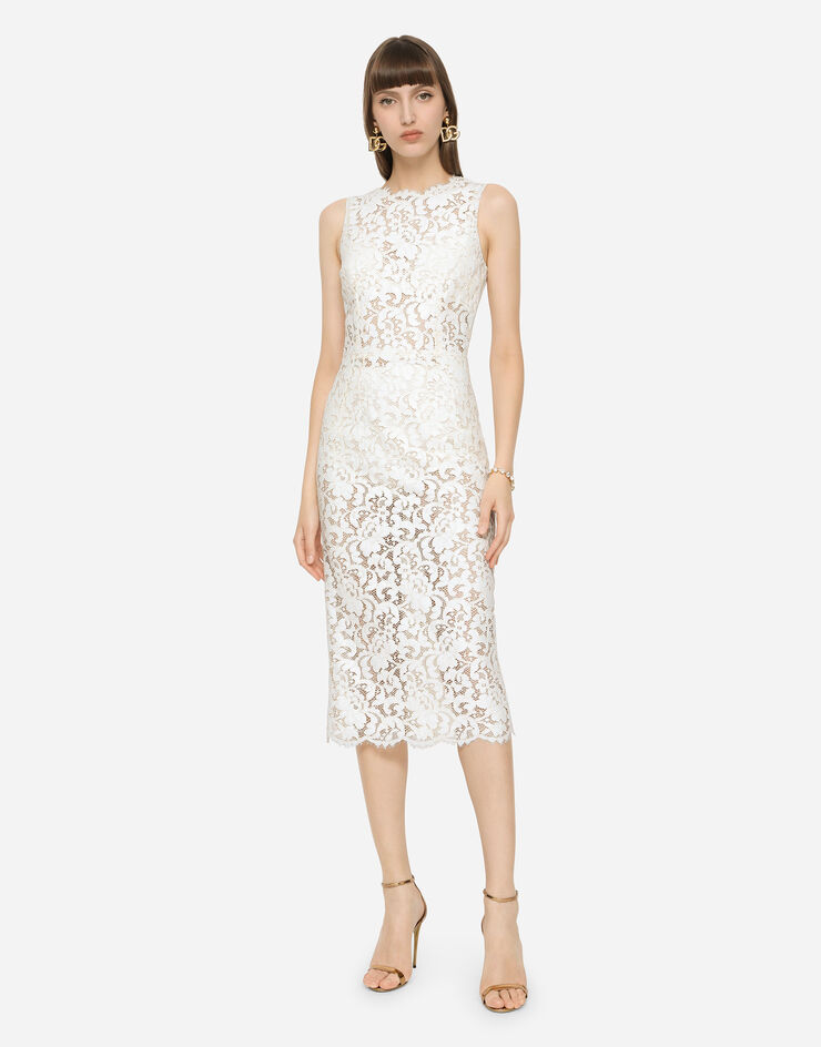 Dolce & Gabbana Laminated lace calf-length dress White F6R5VTHLM4Y