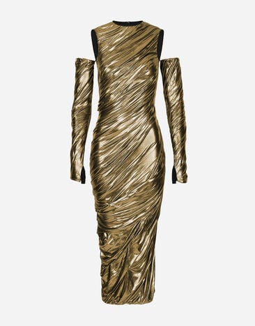 Dolce & Gabbana فستان بطول للربلة أورغانزا ممعدن بقفازات فضي BB7116AY828