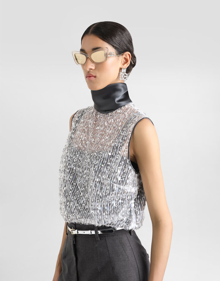 Dolce & Gabbana Tulle turtle-neck top with sequin embellishment Silver F7AL2TFLSKB