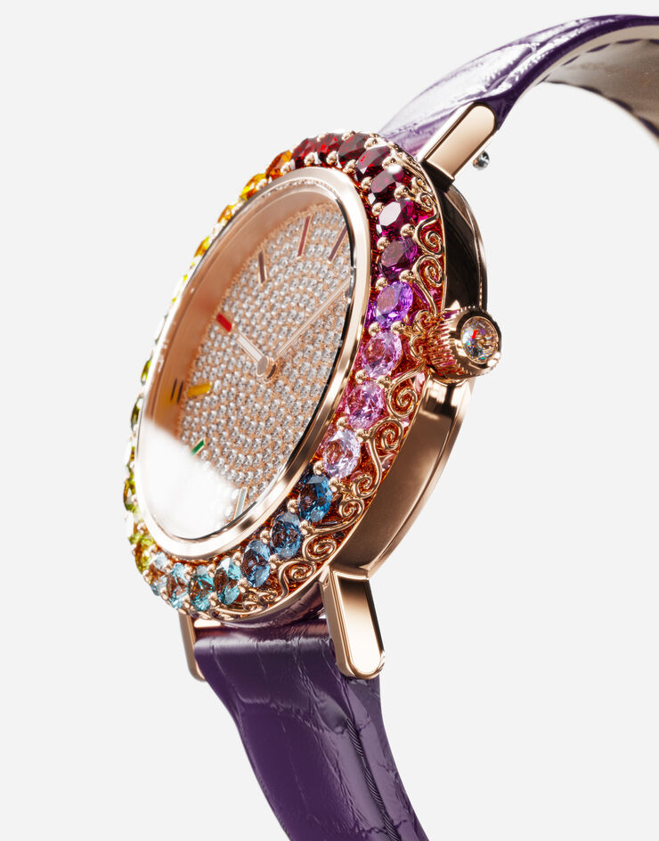 Dolce & Gabbana Orologio Iris in oro rosa con gemme multicolore e diamanti Viola WWLB2GXA0XA