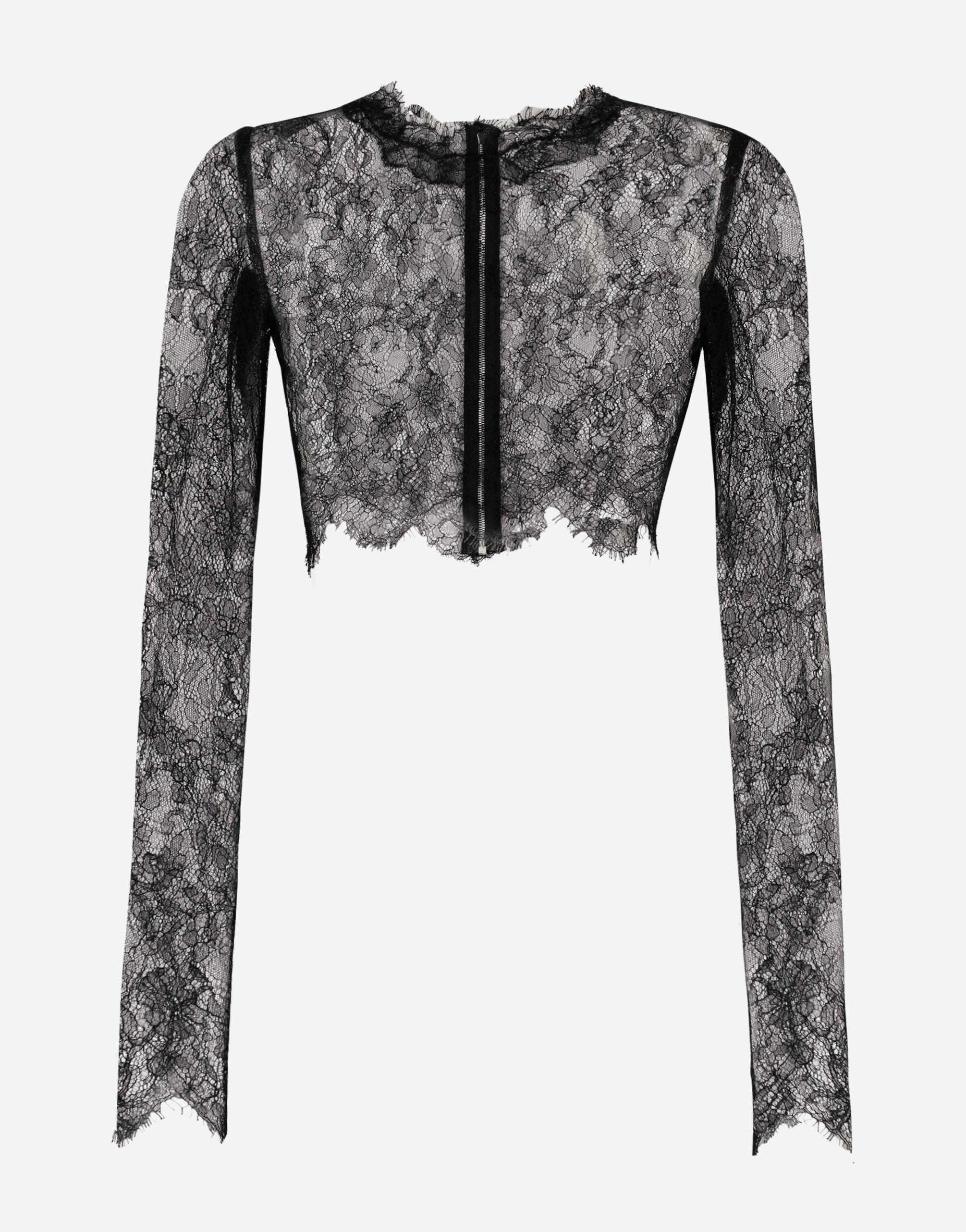 Dolce&Gabbana Long-sleeved Chantilly lace crop top Black F6DKITFU1AT