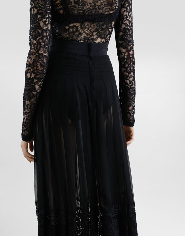 Dolce & Gabbana Calf-length circle skirt in pleated georgette with lace trims Black F4BFTTFUSNW