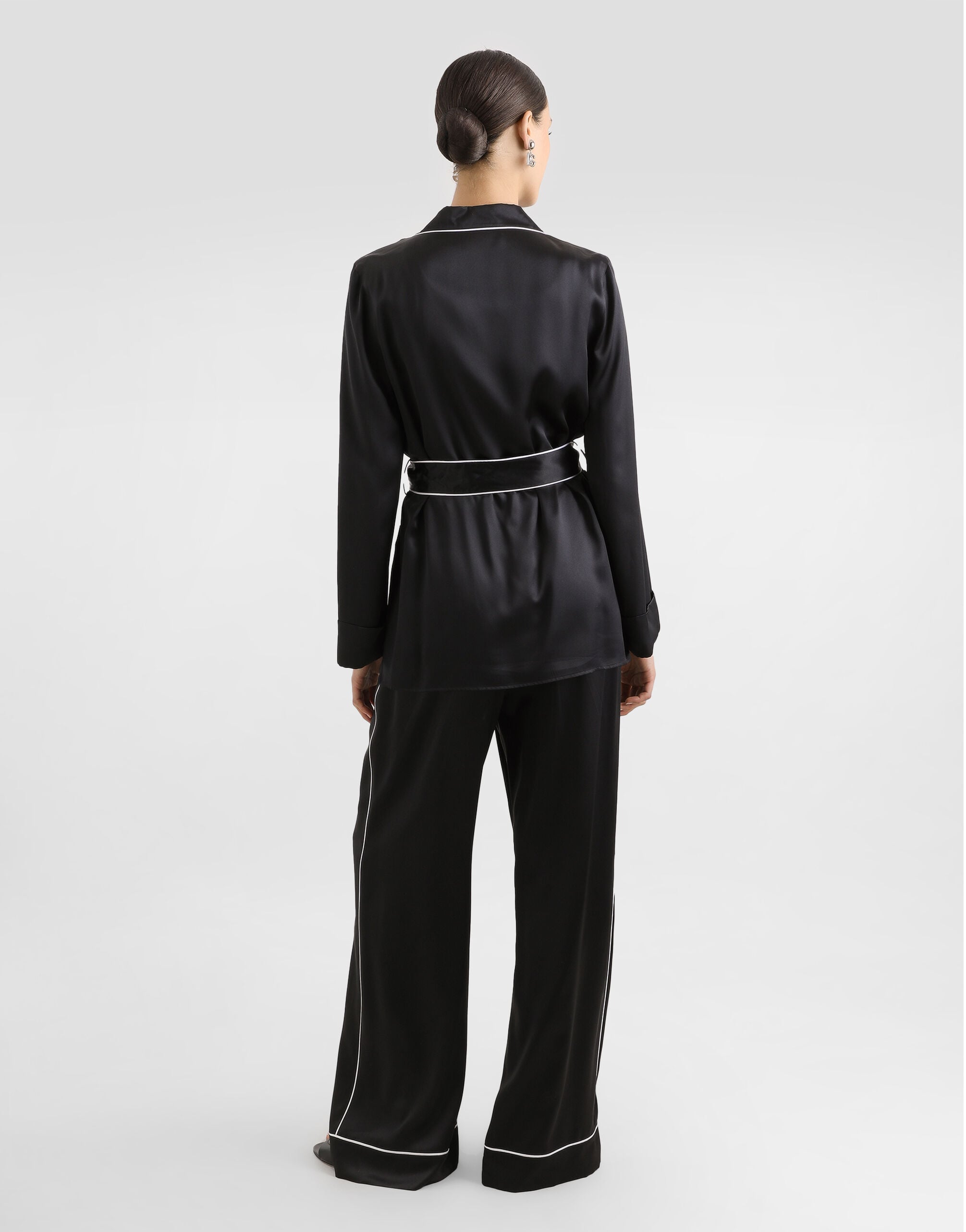 Silk pajama shirt with contrasting piping in Black for Women