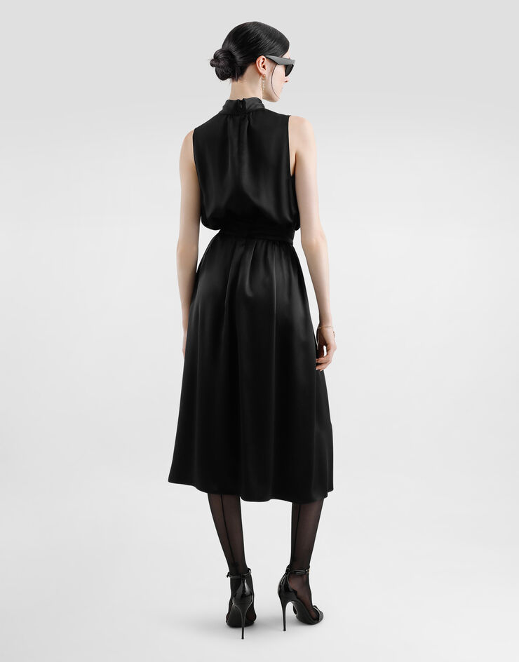 Dolce & Gabbana Satin calf-length dress with pussy-bow Black F6JTETFU1AU