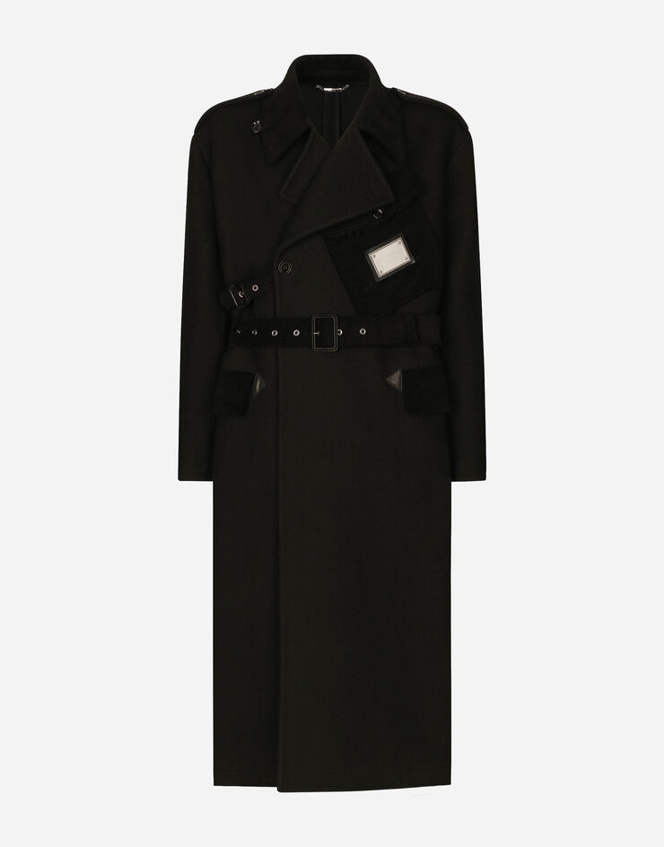 Dolce&Gabbana Double-breasted baize trench coat with logo label Black G040OTFU2SL