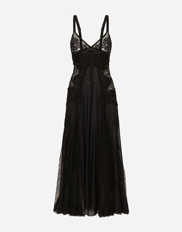 Dolce & Gabbana Vestido longuette tipo combinación de tul con aplicaciones de encaje Negro F6HASTFLRC2