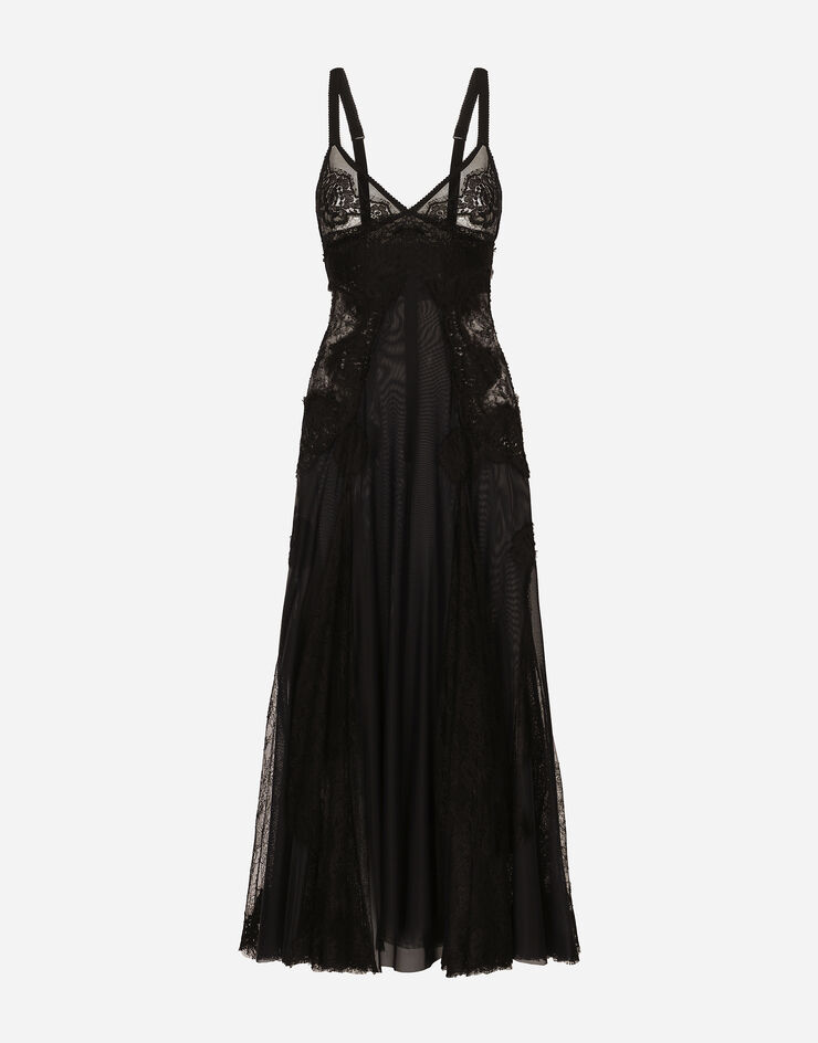 Dolce & Gabbana Longuette-Kleid im Slip-Dress-Stil aus Tüll mit Einsätzen aus Spitze Schwarz F6HASTFLRC2