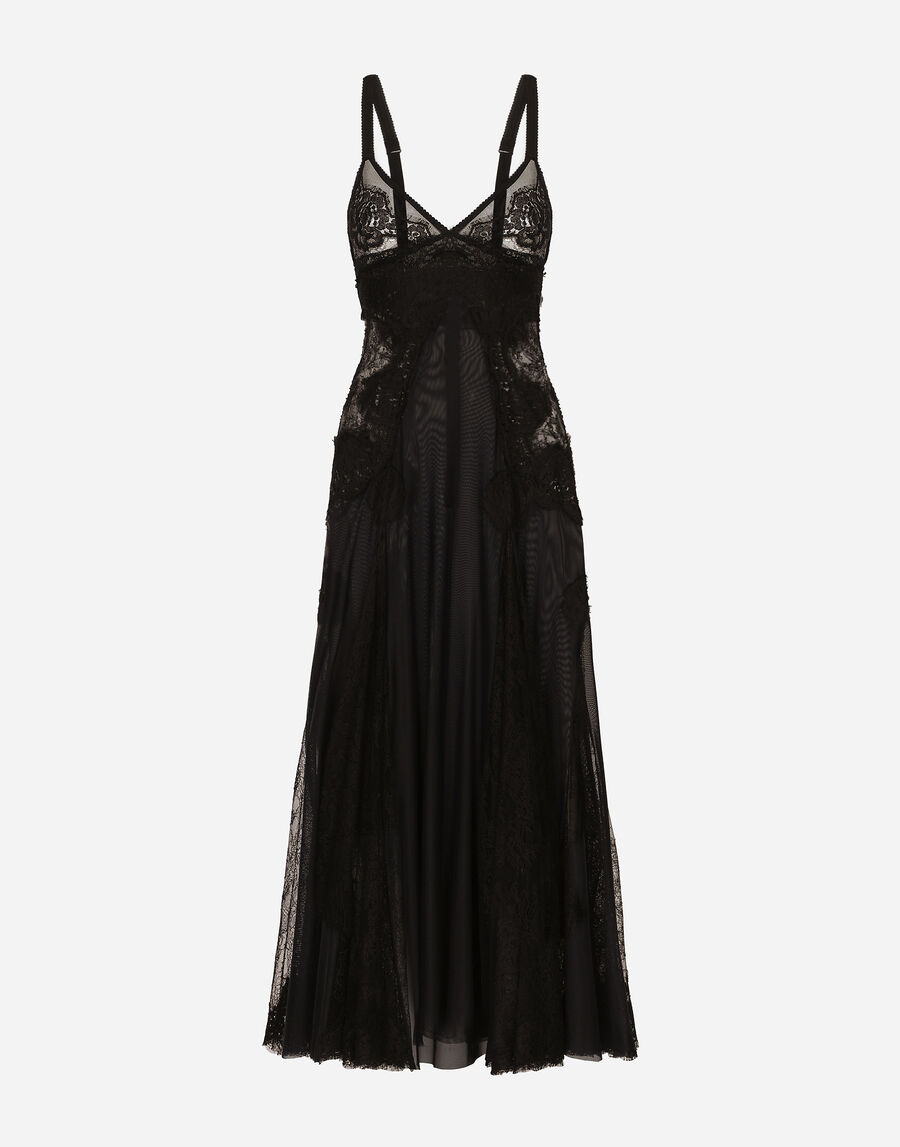 Tulle midi slip dress with lace inserts