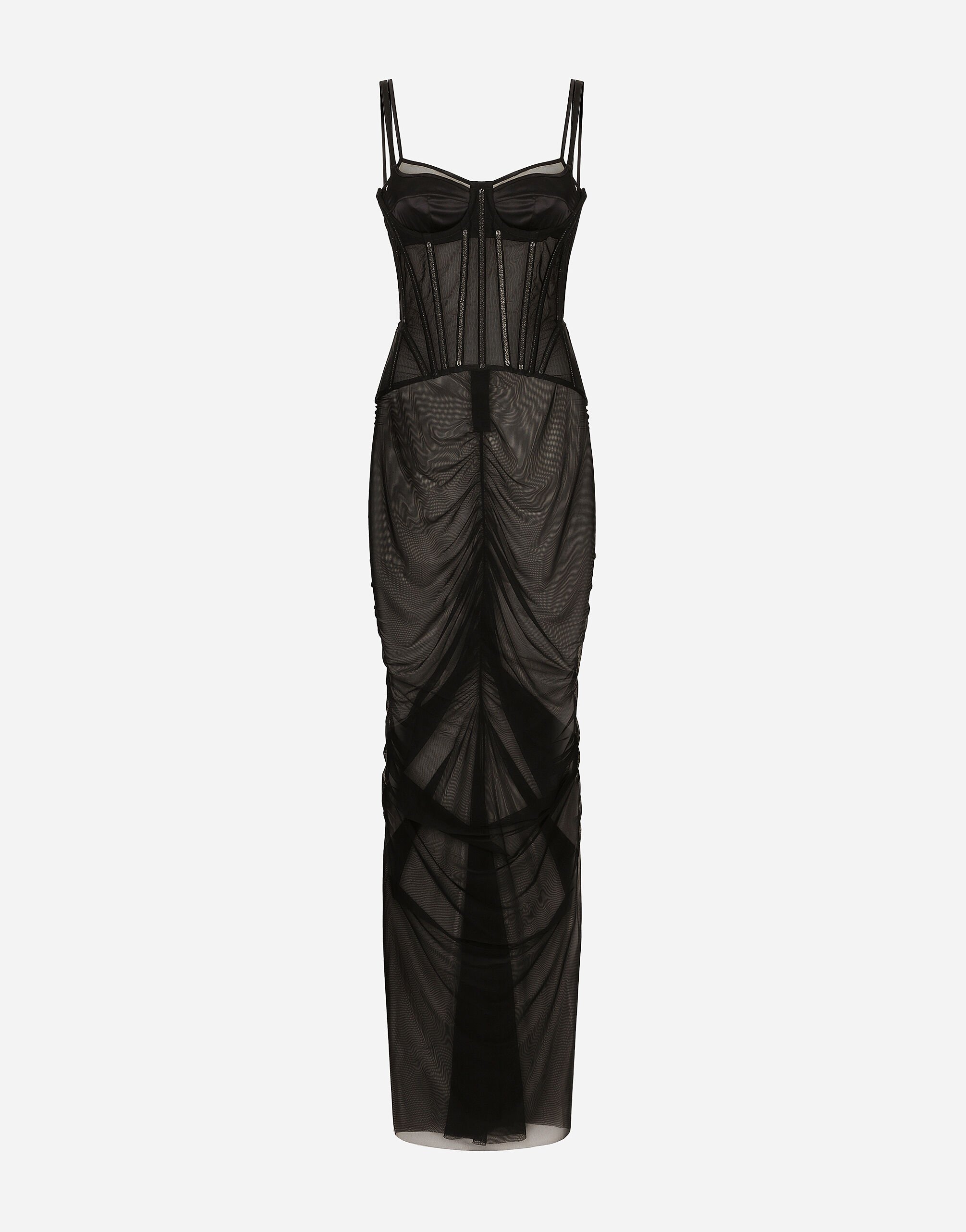 Dolce & Gabbana Langes Kleid mit Bustierdetails aus Tüll SCHWARZ F63H1TGDC38