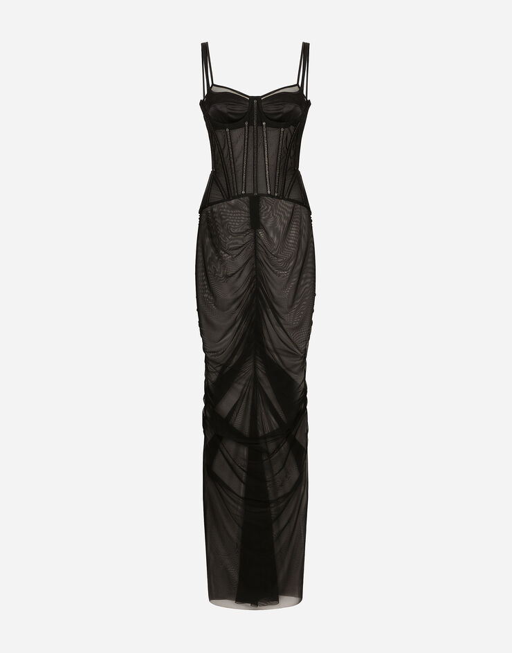 Dolce & Gabbana Robe longue avec détails bustier en tulle Noir F6DJMTFLRDA