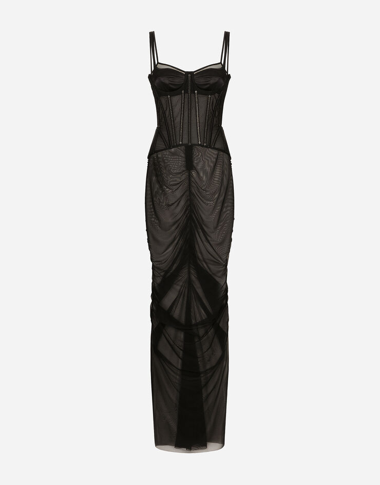 Dolce & Gabbana Long tulle dress with corset details Black F6DJMTFLRDA