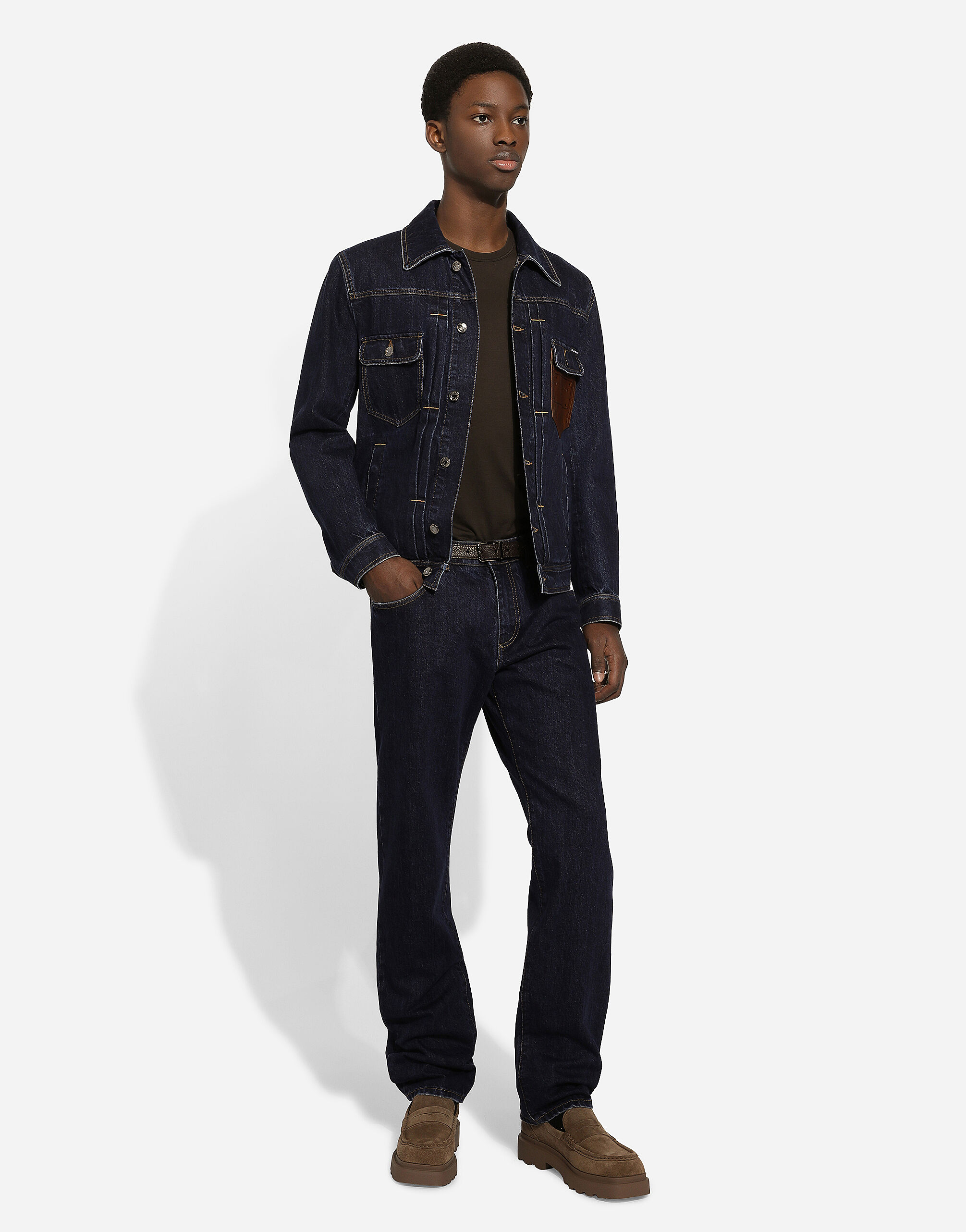 Denim jacket with embossed tag on leather in Multicolor for