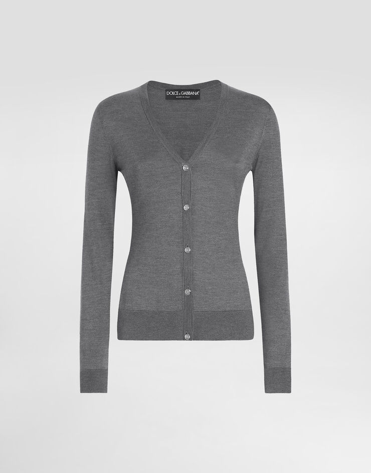 Dolce & Gabbana Cárdigan de seda con cuello de pico y logotipo DG bordado Gris FXV78ZJBSKY