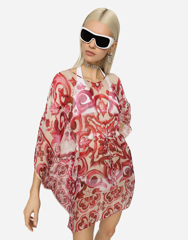 Dolce&Gabbana Kurzer Kaftan aus Chiffon Majolika-Print Mehrfarbig F6F1ITHI1BL