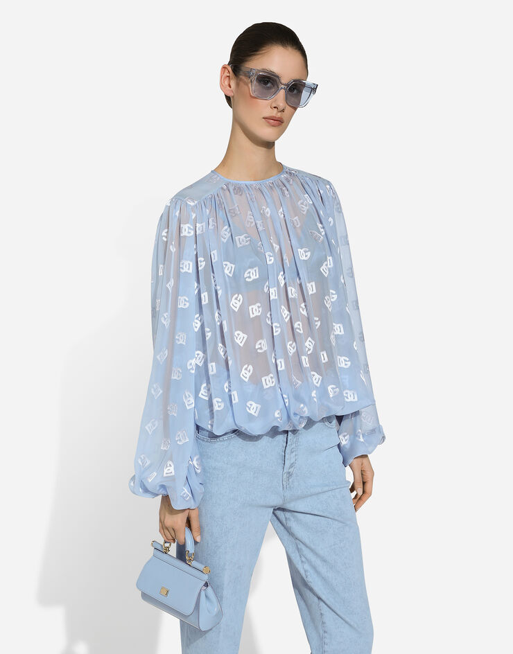 Dolce & Gabbana Dévoré satin jacquard blouse with all-over DG logo Light Blue F761RTFJTBR