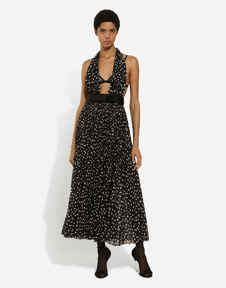 Dolce & Gabbana Chiffon calf-length dress with plunging neckline and polka-dot print Print F6JFKTFSMQ7