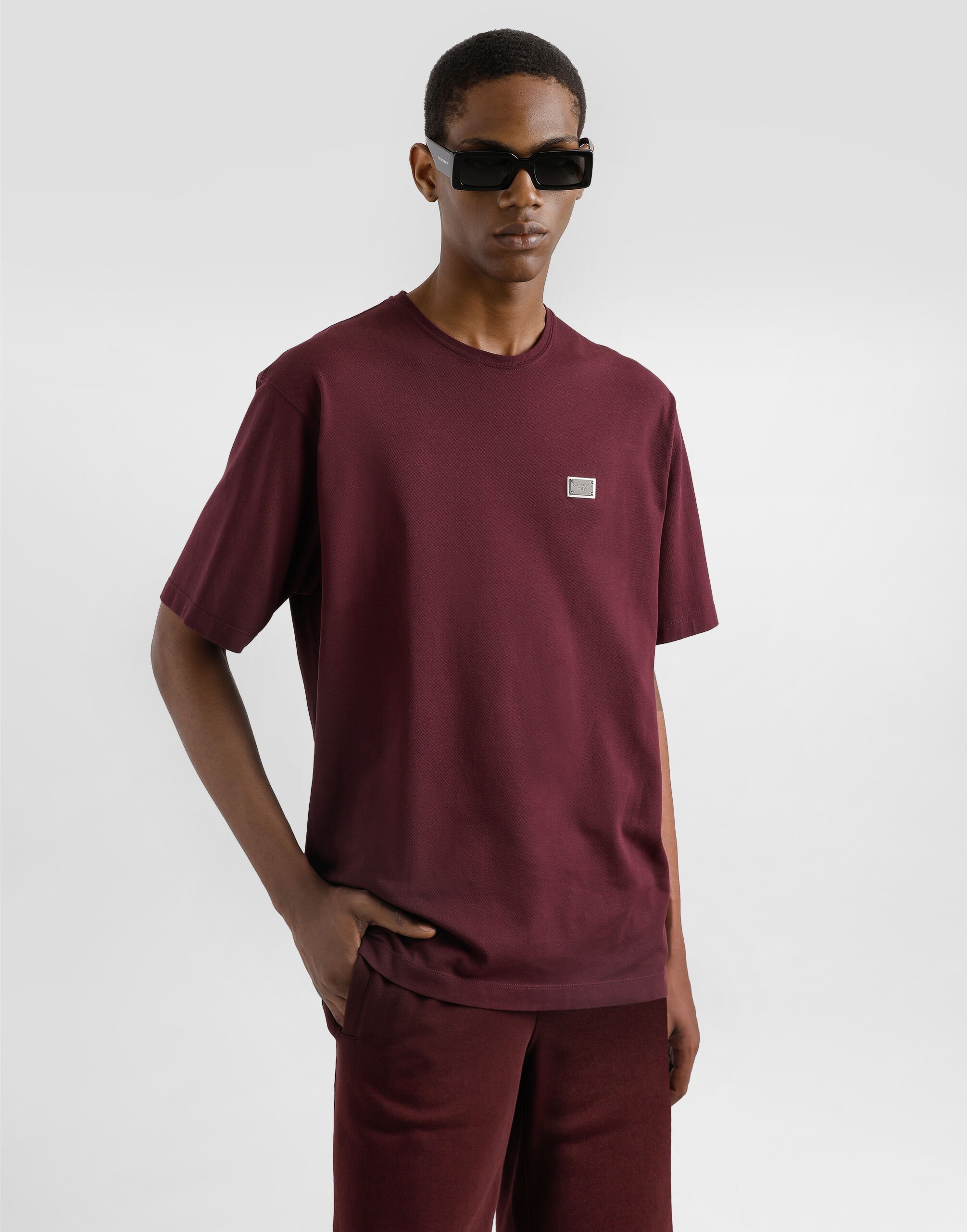 Cotton T-shirt with tag in Bordeaux for Men | Dolce&Gabbana® US