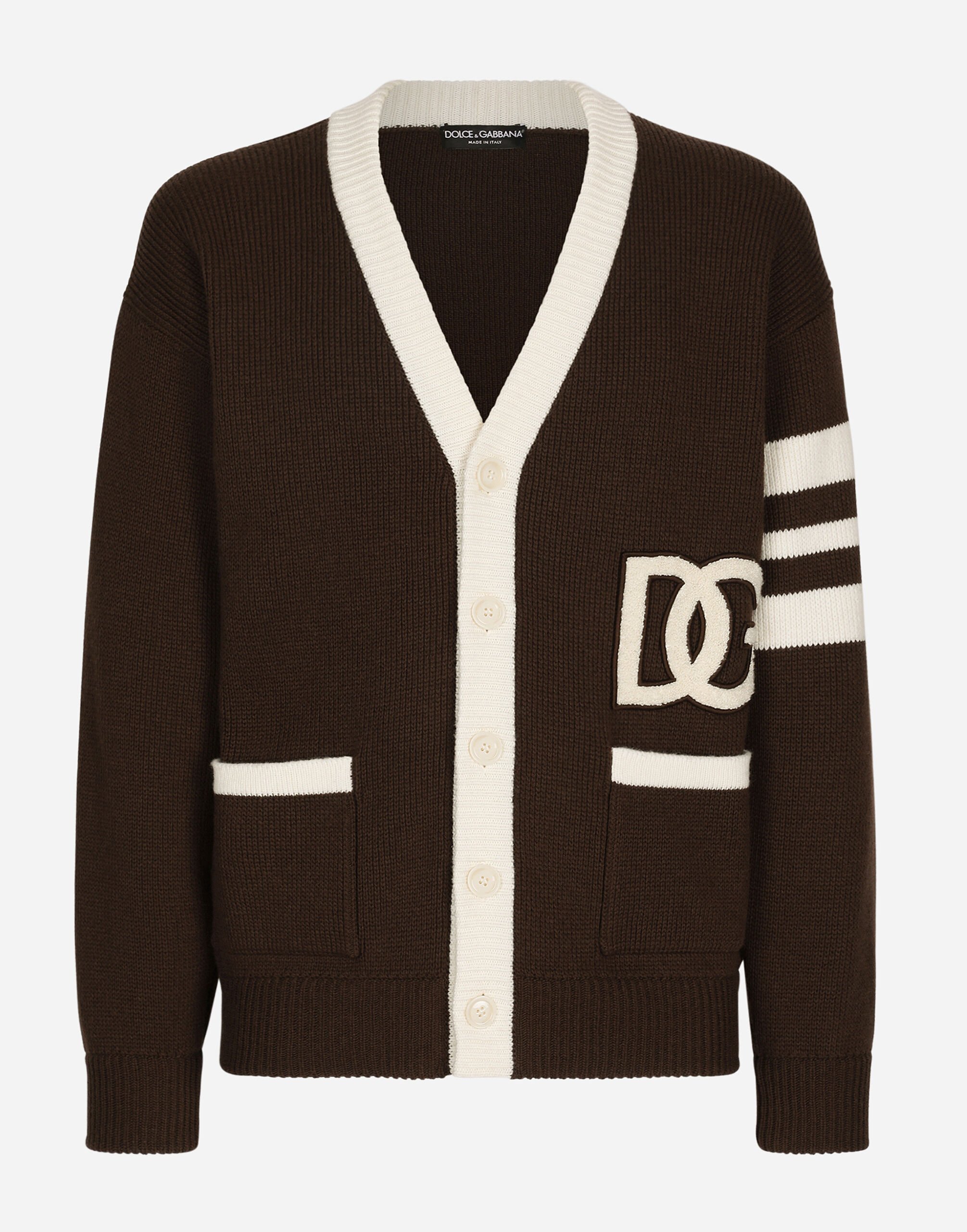 Dolce & Gabbana Wool fisherman’s rib cardigan with DG logo patch Blue G9AUOTG7K5V