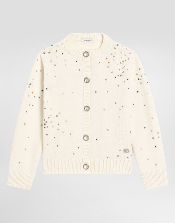 Dolce & Gabbana Stockinette knit wool cardigan with rhinestones Beige L5KWH6JDVFB