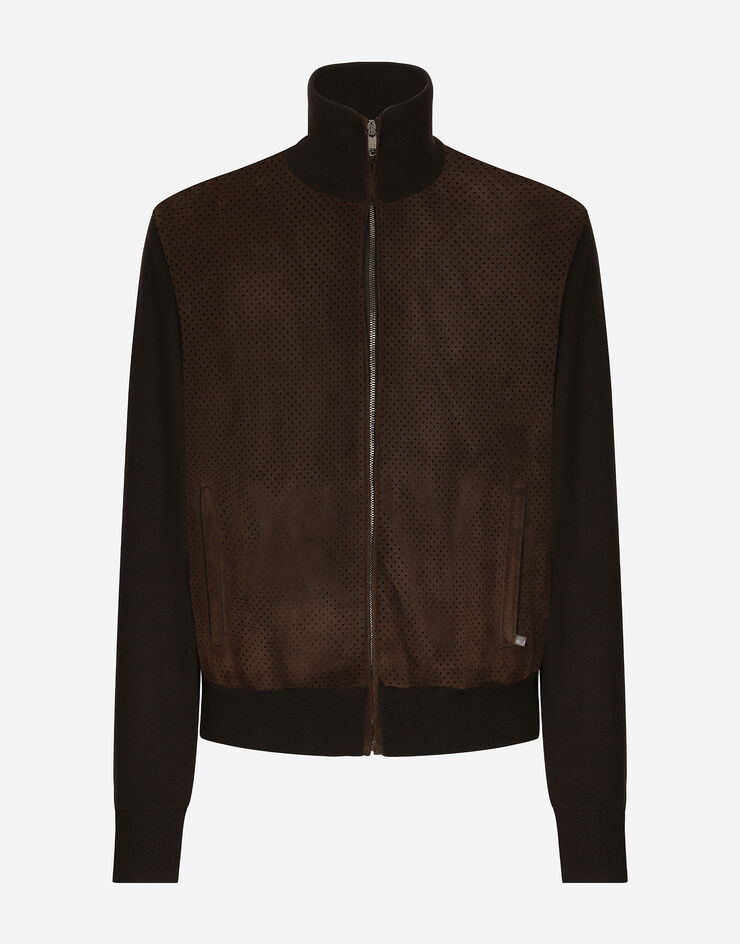 Dolce & Gabbana Jacke mit hohem Kragen aus Wollgarn und Leder Braun GXV16TJFMDS