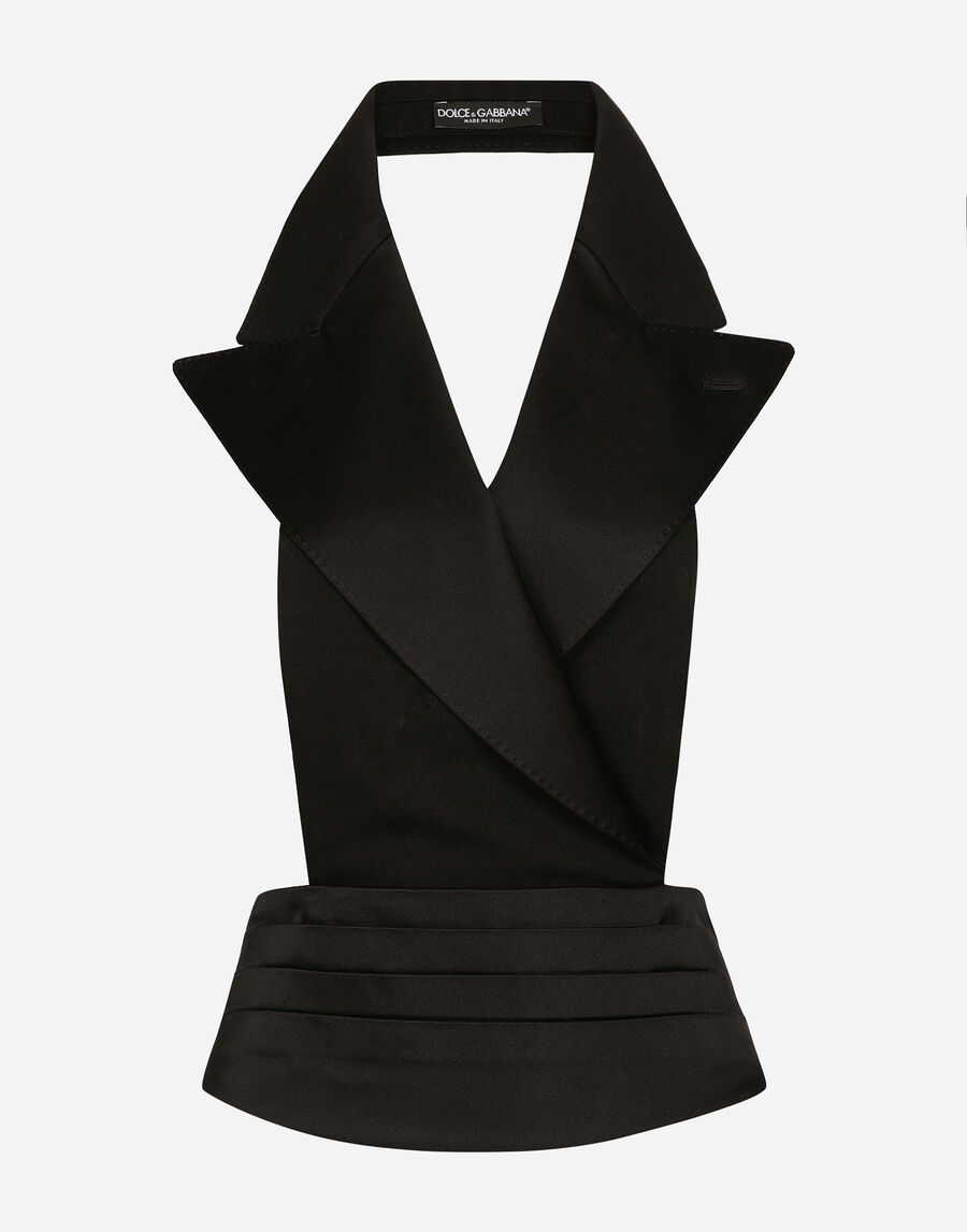 Double-breasted silk satin vest with low neckline on the back