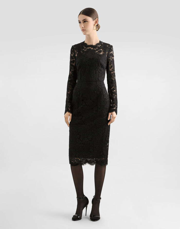 Dolce & Gabbana Longuette-Langarmkleid aus elastischer Spitze mit Logo Schwarz F6M0DTFLRE1