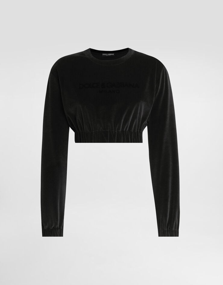 Dolce&Gabbana Sudadera corta de chenilla con bordado de punto bucle Negro F9R30ZGDBZU