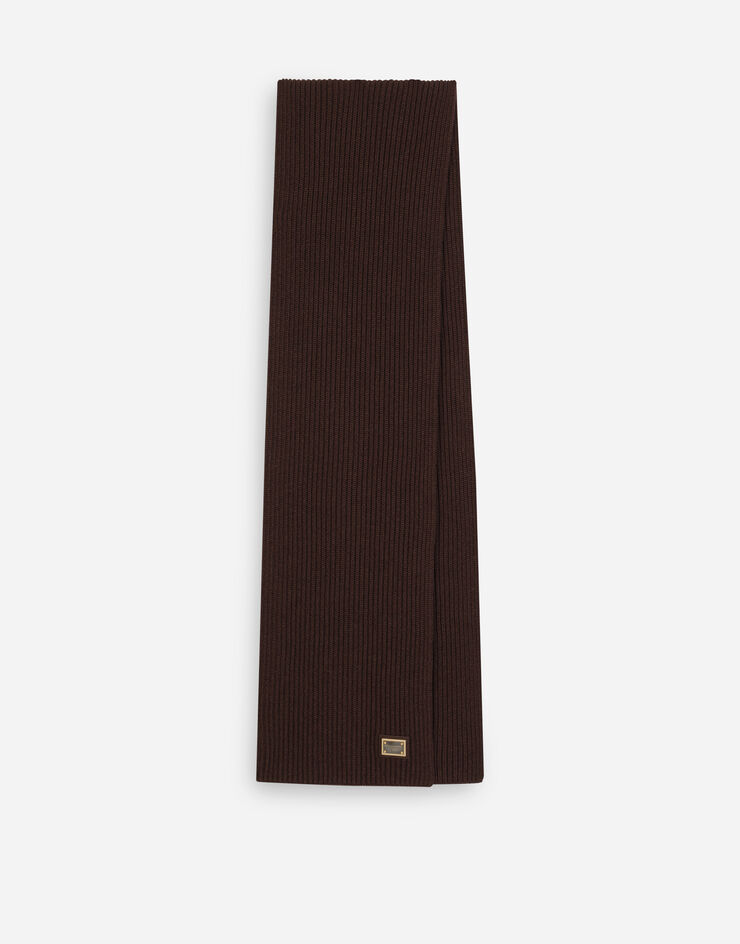 Dolce & Gabbana Knit cashmere scarf with branded plate Brown GXK64TJAWK0