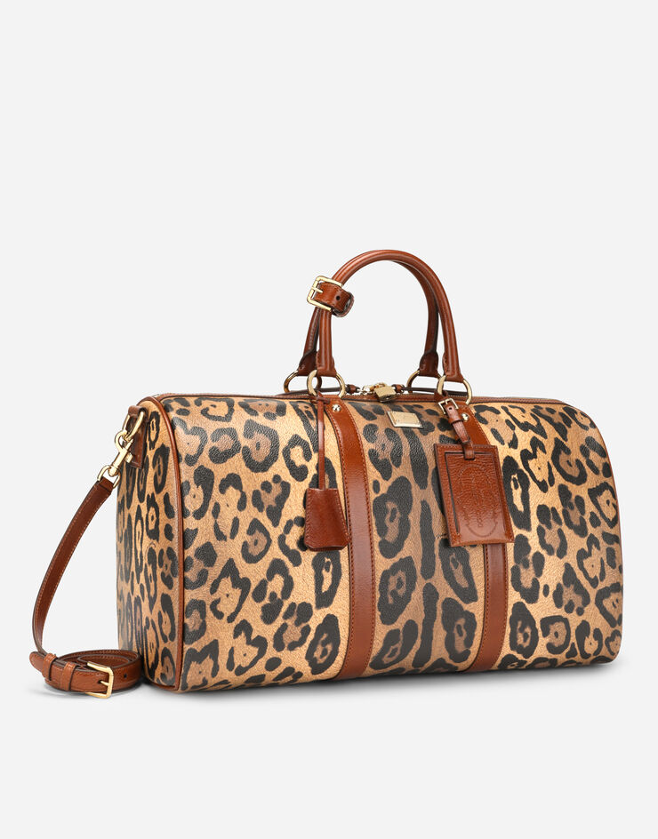 Dolce & Gabbana Bolsa de viaje mediana en crespo estampado leopardo con placa con logotipo Multicolor BB2207AW384