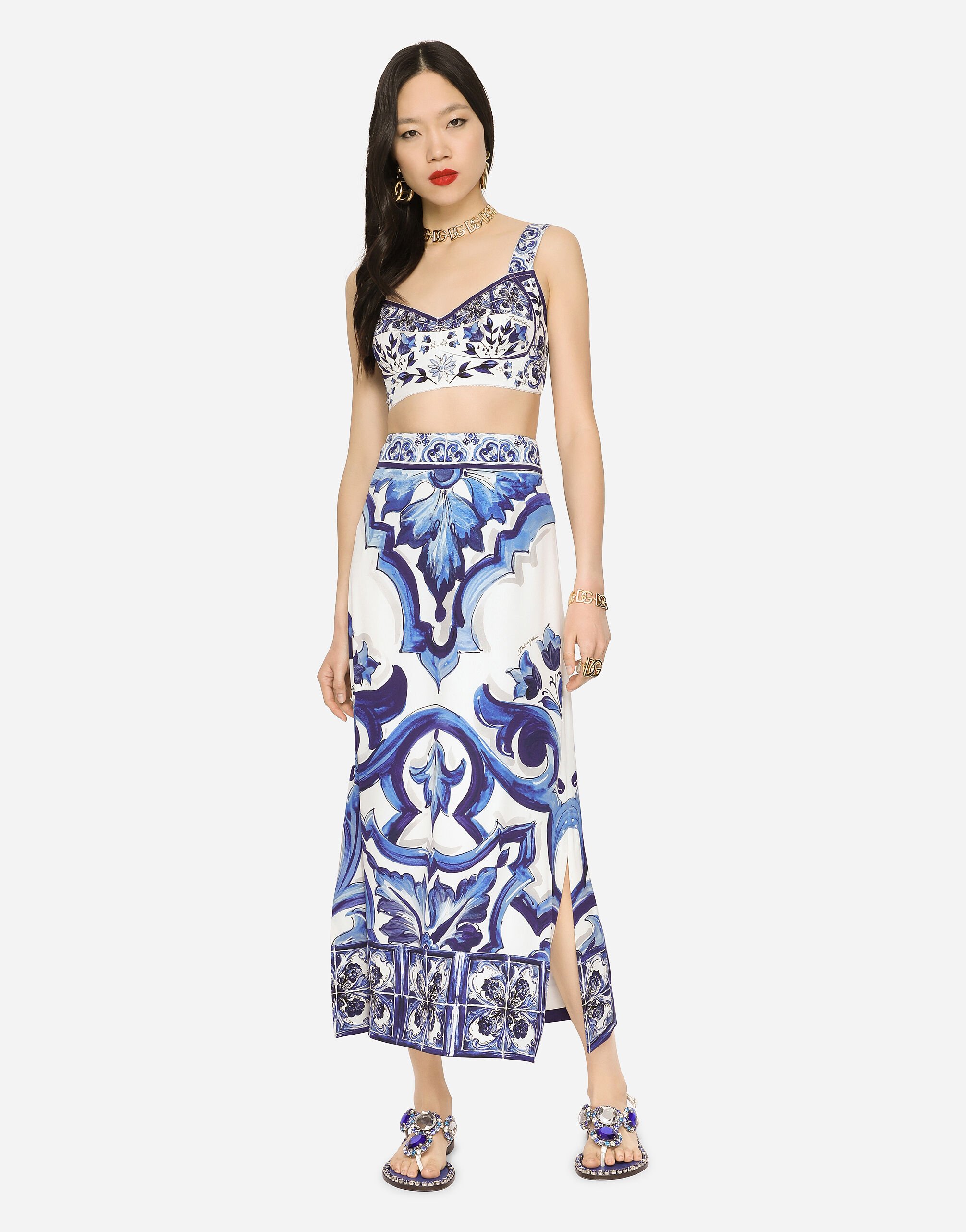 Majolica-print charmeuse top