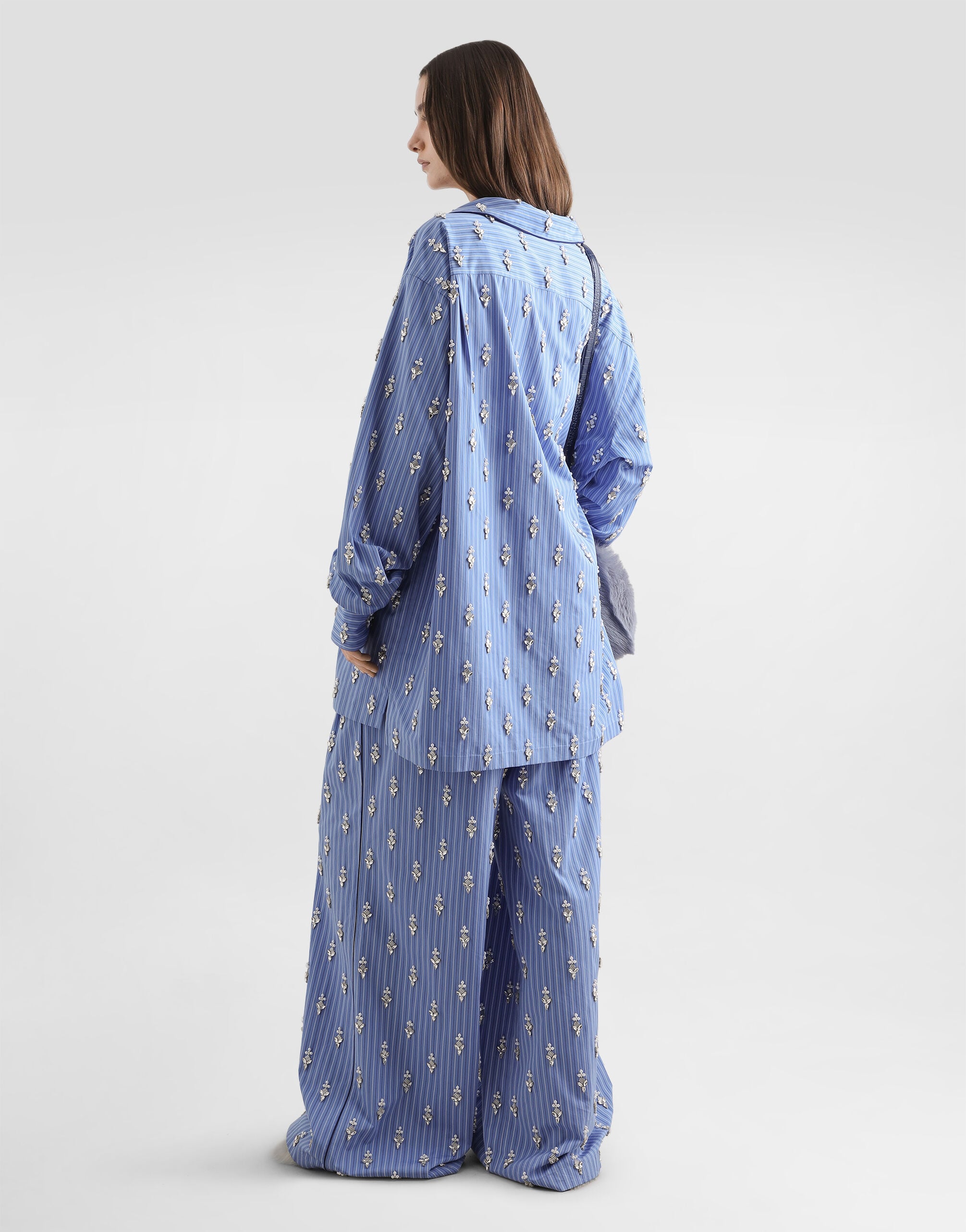 Poplin trousers with crystal flower embroidery in Multicolor for