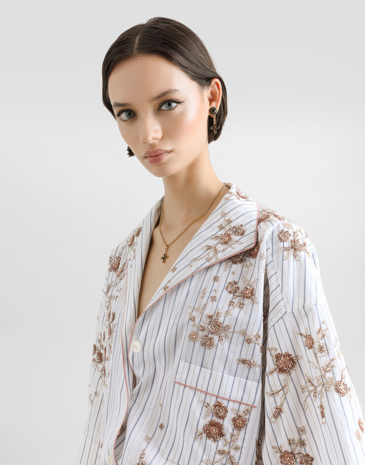 Dolce & Gabbana Poplin shirt with thread floral embroidery and rhinestones Multicolor F5U46ZGDDSA
