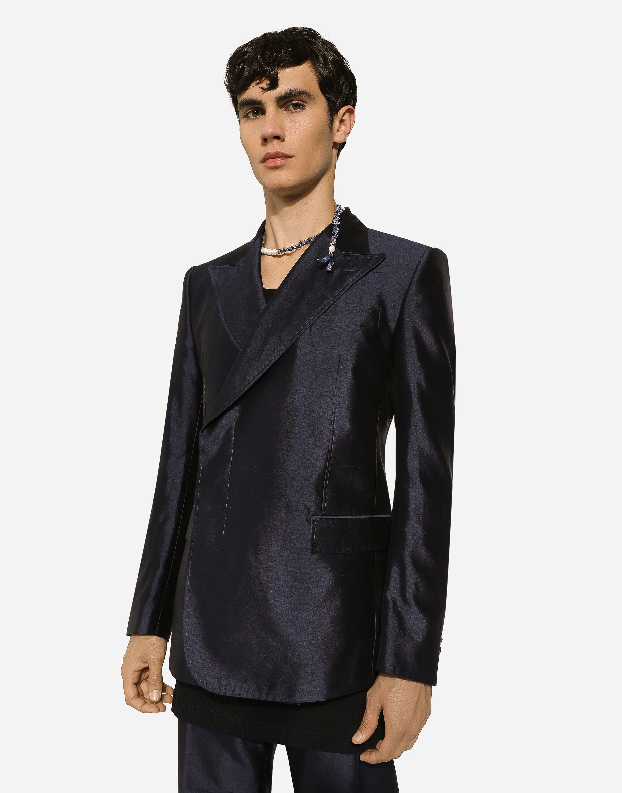 海外限定スパイク販売 jacket Sicilia-fit silk shantung Double-breasted in for Blue スーツ・フォーマル・ドレス