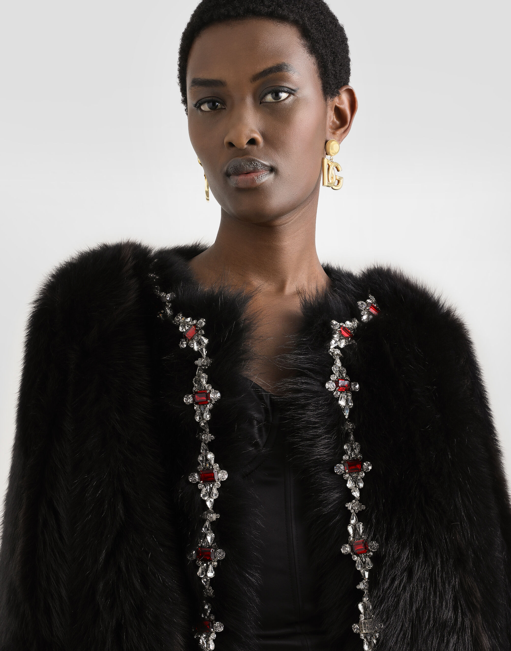 Fluffy sheepskin jacket with inlay in Brown for Women