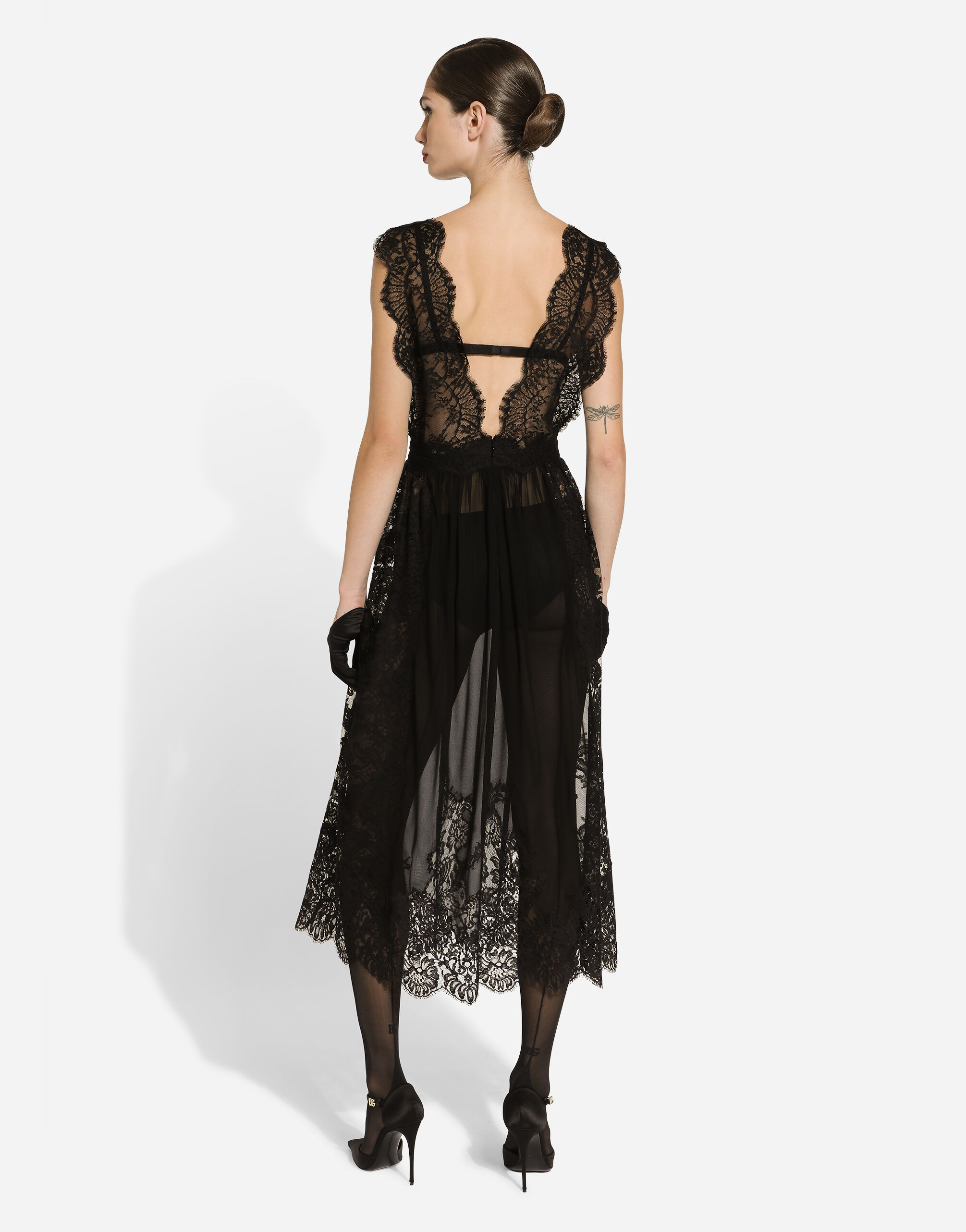Calf-length Chantilly lace dress with organzine details in Black