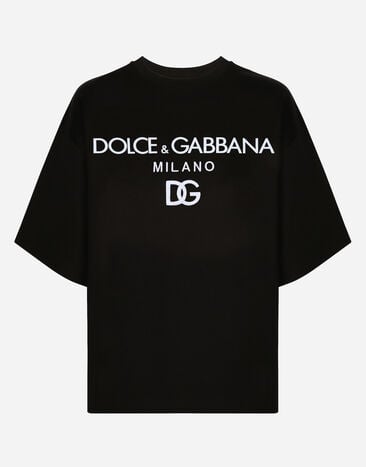 Dolce & Gabbana Camiseta de punto con estampado del logotipo en terciopelo flocado Dorado BB7287AY828