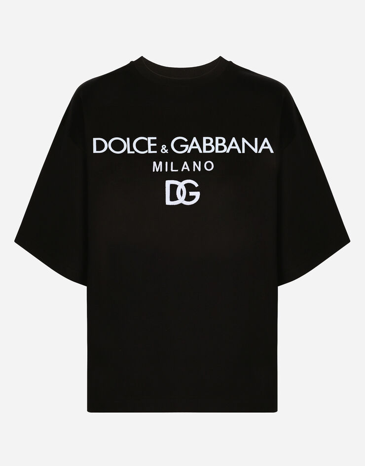 Dolce & Gabbana Camiseta de punto con estampado del logotipo en terciopelo flocado Negro F8O48ZG7E2I