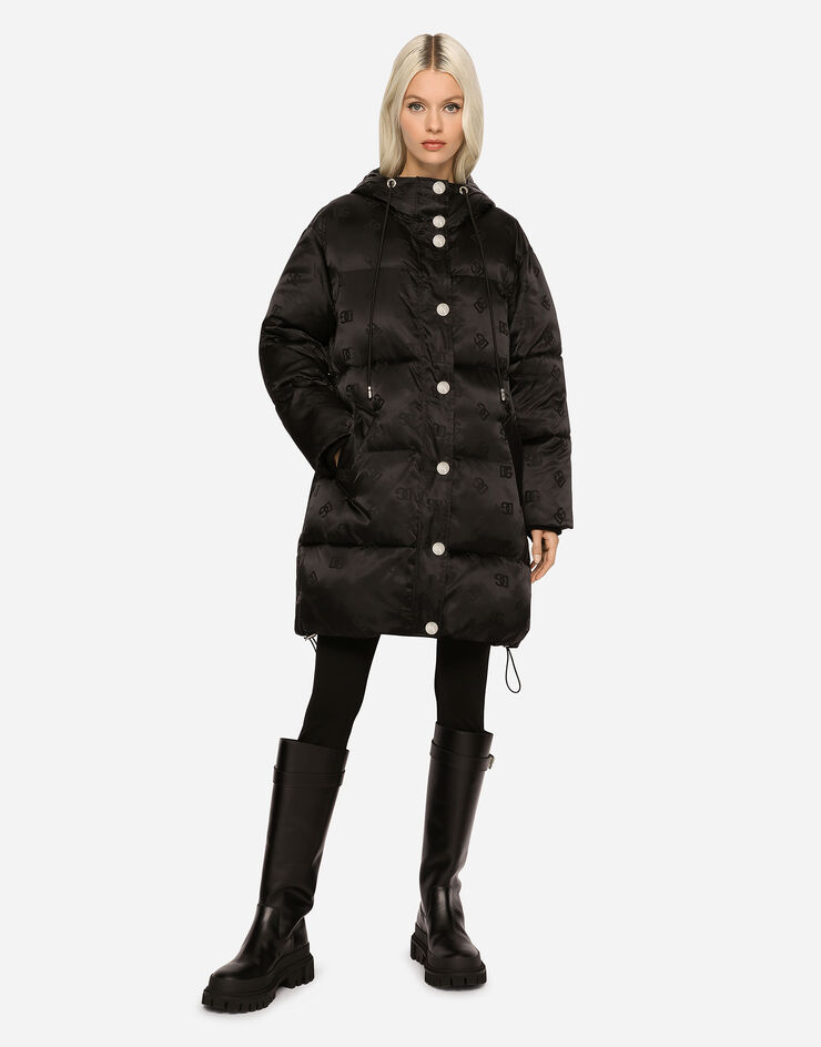 Dolce & Gabbana Long satin down jacket with all-over DG logo Black F9P49TFJSCE