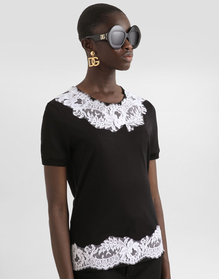 Dolce & Gabbana Jersey t-shirt with lace and DG patch Black F8V66ZGDDBR