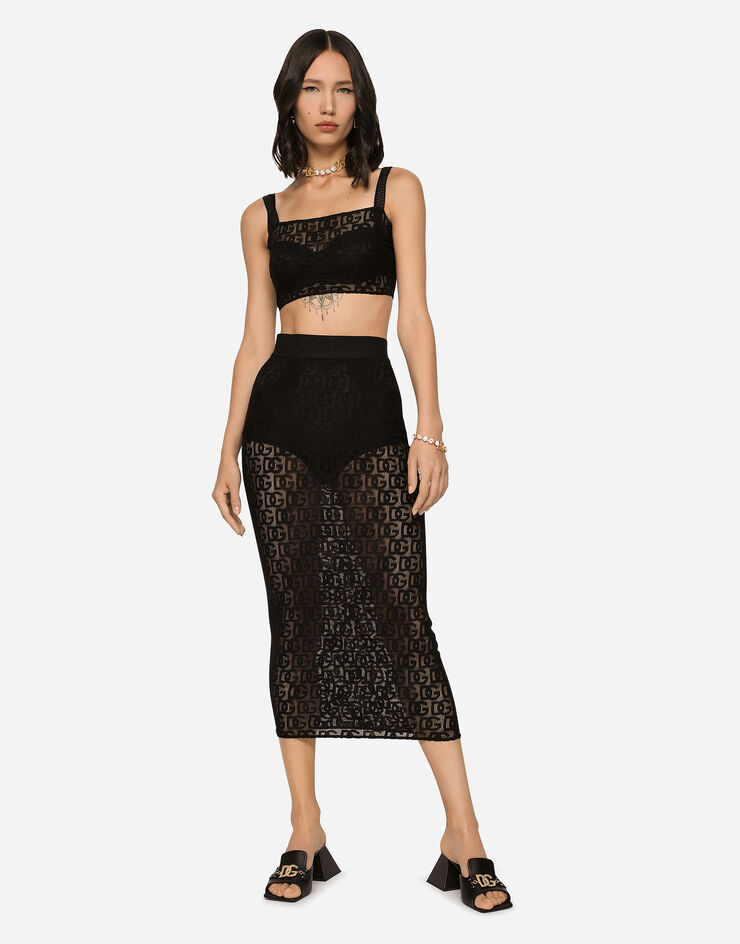 Dolce & Gabbana Tulle calf-length skirt with all-over DG logo Black F4CHZTFLEAQ