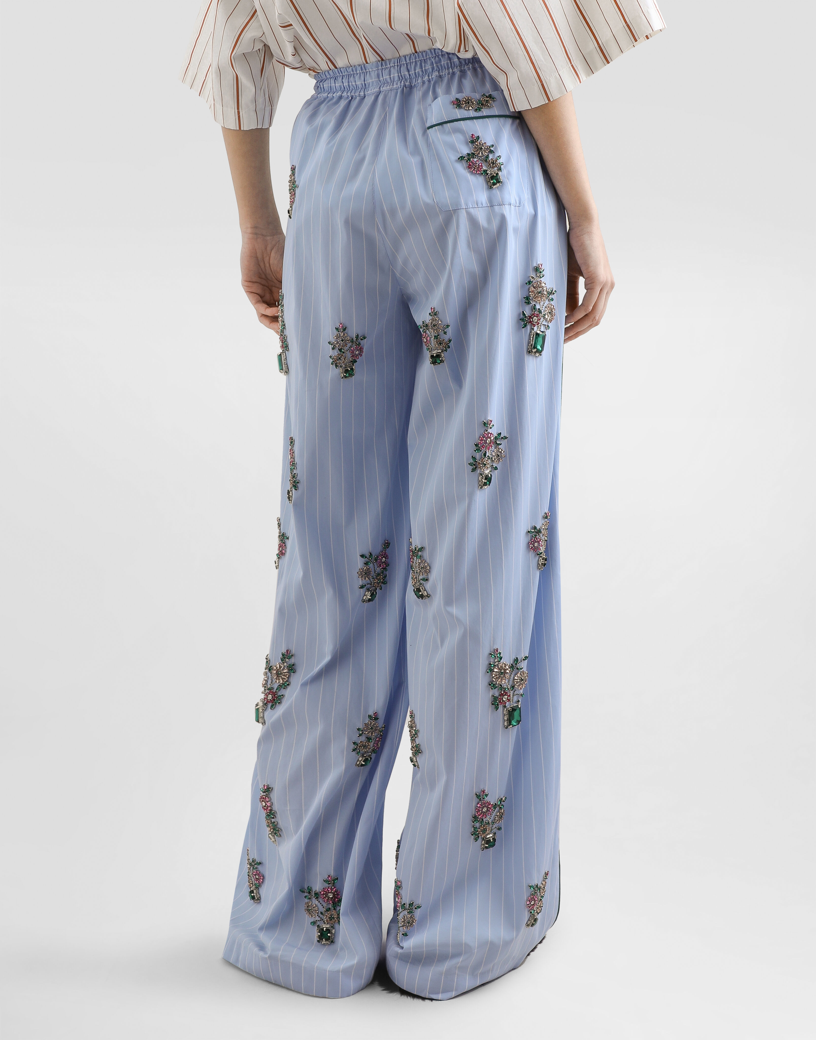 Striped poplin trousers with crystal flower embroidery in