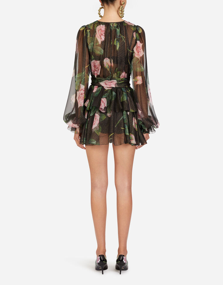 Dolce & Gabbana SHORT TROPICAL ROSE PRINT CHIFFON LAMÉ DRESS STAMPA FLOREALE F6H9OTHS19W