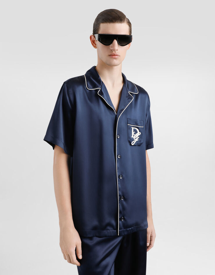 Dolce & Gabbana Silk satin shirt with logo Blue G5LH3ZFU1AU