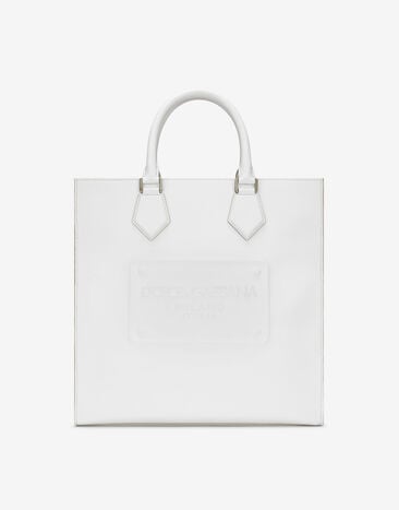 Dolce & Gabbana حقيبة تسوق من جلد عجل بشعار بارز أزرق G5JH9THI1QE