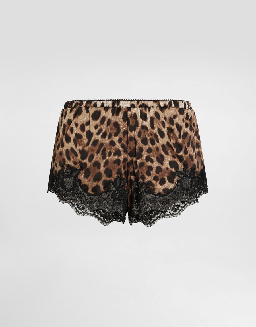 Leopard-print satin lingerie shorts with lace detailing