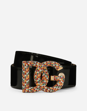 Dolce & Gabbana Polished calfskin belt with crystal DG logo Multicolor BE1588AD986