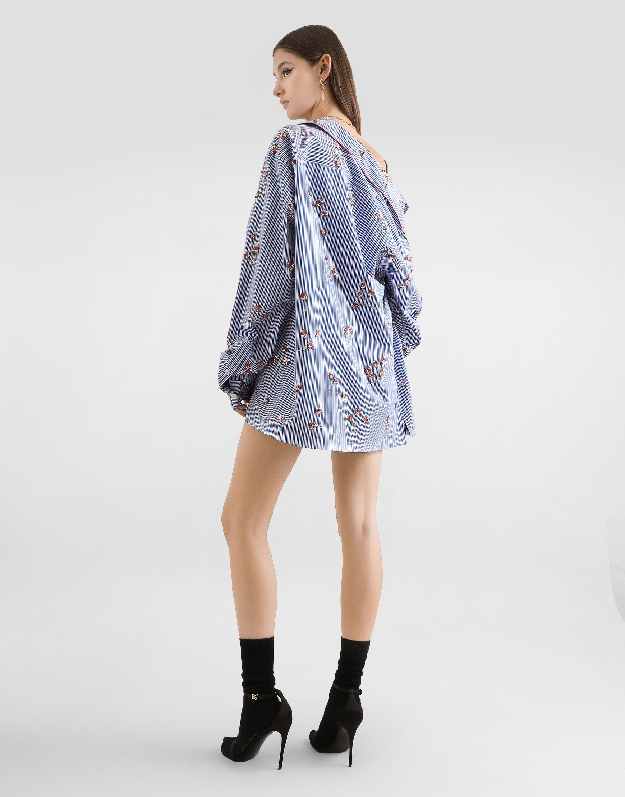 Poplin shirt with crystal flower embroidery in Multicolor for